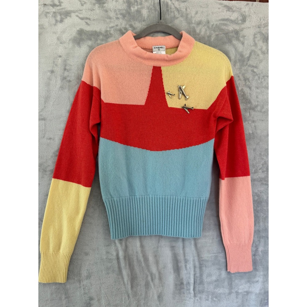 Chanel Runway 08C Cashmere Colorblock Airplane Brooch Sweater FR 40 US 6 8